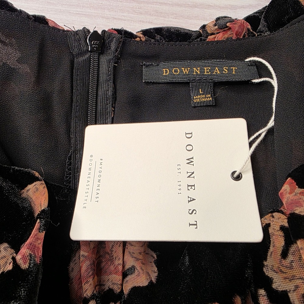 Downeast Dress L Black Paisley Floral Holly Velvet Burnout Ruffle Neckline NWT - Picture 5 of 8